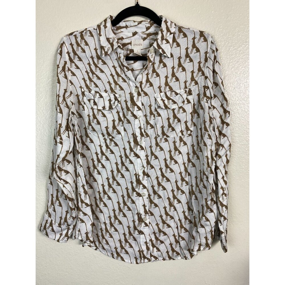 Chicos 1 Women Novelty Cheetah Button Up Long Sleeve Top Size Medium Lightweight
